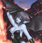  :d arm_up armlet armpits bare_shoulders bat_wings black_hair blue_skin breasts cleavage demon_girl demon_tail fang gloves houtengeki large_breasts lilim_(monster_farm) looking_at_viewer monster_farm monster_girl open_mouth pointy_ears red_eyes smile solo tail wings 