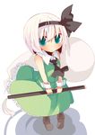  black_hairband blue_eyes blush boots bow dress flat_chest frills green_dress hairband hitodama konpaku_youmu konpaku_youmu_(ghost) necktie rowtan short_hair solo touhou white_hair wrist_cuffs 