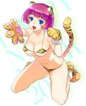  2010 animal_ears animal_print bikini blue_eyes breasts covered_nipples fang kneeling large_breasts leaning_forward micro_bikini new_year original outstretched_arm outstretched_hand paw_pose paws pink_hair reaching sage_joh short_hair solo swimsuit tail tiger_ears tiger_print tiger_tail 