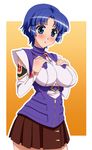  blue_eyes blue_hair blush breast_suppress breasts detached_sleeves framed_breasts kusuha_mizuha large_breasts misopetha-menos short_hair skirt solo super_robot_wars super_robot_wars_original_generation 