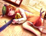  animal_ears brown_hair cat_ears cat_tail chen dutch_angle earrings hat jewelry lying multiple_tails on_side red_eyes sakura_ani short_hair solo tail tatami touhou 