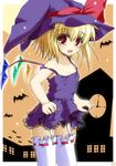  alternate_costume bat blonde_hair dress dress_lift flandre_scarlet garter_straps hat highres iwaki_hazuki ponytail red_eyes scarlet_devil_mansion short_hair side_ponytail sky solo strap_slip thighhighs touhou wings witch_hat 