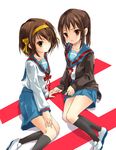  black_legwear brown_hair cardigan garickson genderswap genderswap_(mtf) h hair_ribbon hairband kita_high_school_uniform kneehighs kyonko long_hair multiple_girls ponytail ribbon school_uniform serafuku shoes short_hair socks suzumiya_haruhi suzumiya_haruhi_no_yuuutsu uwabaki 