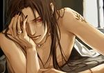  bare_shoulders black_hair jewelry lily_(artist) lowres male_focus nail_polish naruto naruto_(series) red_eyes ring shirtless solo tattoo uchiha_itachi 