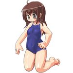  bad_feet bad_id bad_pixiv_id barefoot brown_hair covered_navel dd_(ijigendd) grey_eyes long_hair navel one-piece_swimsuit original school_swimsuit simple_background solo swimsuit 