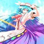  blue_hair food fruit hat hinanawi_tenshi long_hair peach red_eyes solo sword sword_of_hisou text_in_eyes touhou tro weapon 