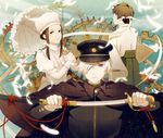  2boys albino ame_(conronca) bad_id bad_pixiv_id blindfold brown_eyes brown_hair cloak dress feathers gears hat multiple_boys original red_eyes smile sword umbrella weapon white_hair 