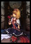  alice_margatroid blonde_hair book chain clock flower grandfather_clock hairband highres klamp open_clothes open_shirt pantyhose rose shirt short_hair solo touhou 