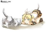  :&lt; all_fours animal_ears anus aqua_eyes blonde_hair eye_contact hair_ornament hair_ribbon hairclip imminent_pounce kagamine_rin looking_at_another rahwia ribbon short_hair solo tail tiger tiger_ears tiger_tail vocaloid 