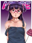  alternate_hairstyle arms_behind_back bangs bare_shoulders blue_eyes blue_overalls blush censored character_name commentary_request denim dr._slump fake_censor flat_chest ganto glasses gradient gradient_background hair_bobbles hair_ornament long_hair mosaic_censoring naked_overalls norimaki_arale overalls parted_lips poop poop_on_a_stick purple_hair red-framed_eyewear solo strap_slip two_side_up unchi-kun upper_body 