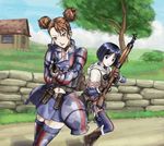  armor black_hair bolt_action brigitte_stark brown_eyes brown_hair capelet double_bun faulds gun hood isara_gunther military military_uniform miniskirt morisu multiple_girls navel red_hair rifle senjou_no_valkyria senjou_no_valkyria_1 skirt thighhighs uniform weapon zettai_ryouiki 