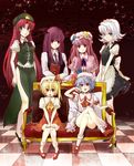  :o ascot bad_id bad_pixiv_id bare_legs blonde_hair blue_eyes book braid checkered checkered_floor chinese_clothes couch crescent crossed_arms crossed_legs fangs flandre_scarlet green_eyes group_picture hat head_wings hong_meiling izayoi_sakuya koakuma lavender_hair long_hair looking_at_viewer maid maid_headdress multiple_girls no_wings patchouli_knowledge pink_eyes pink_hair purple_eyes purple_hair red_eyes red_hair remilia_scarlet short_hair side_slit silver_hair sitting standing the_embodiment_of_scarlet_devil touhou twin_braids vanishing_point white_hair yuki_(popopo) 