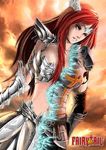  2010 alternate_form armor bikini_armor breasts circlet copyright_name elbow_gloves erza_scarlet fairy_tail form_change gauntlets gloves head_wings highres large_breasts long_hair non-web_source orange_eyes red_hair solo spark tattoo transformation undressing 