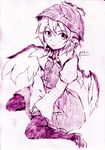  animal_ears dress hands_together hat monochrome mystia_lorelei own_hands_together short_hair sitting smile solo thighhighs touhou traditional_media vent_arbre wariza wings 