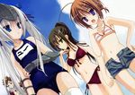  3girls =_= ahoge armor bikini bracer cameltoe day dutch_angle eucliwood_hellscythe fang front-tie_top haruna_(kore_wa_zombie_desu_ka?) kobuichi kore_wa_zombie_desu_ka? multiple_girls muririn navel official_art one-piece_swimsuit open_fly open_mouth orito_(kore_wa_zombie_desu_ka?) parted_lips scan school_swimsuit seraphim_(kore_wa_zombie_desu_ka?) shorts side-tie_bikini striped striped_bikini striped_swimsuit swimsuit thighhighs unzipped vambraces visor_(armor) white_legwear 