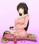  alternate_costume bad_id bad_pixiv_id bangs bare_shoulders black_hair blunt_bangs boukun_habanero breasts brown_hair cleavage collarbone contemporary controller covered_nipples curvy dress game_console game_controller gamepad habanero headphones hips houraisan_kaguya impossible_clothes impossible_shirt impossible_sweater kinoko_no_yama large_breasts long_hair looking_at_viewer mouth_hold no_pants pepsi pepsi_azuki pink pringles print_legwear product_placement purple_legwear red_eyes shirt simpson_(gonpurin) sitting solo sony straight_hair sweater sweater_dress thighhighs touhou wariza xbox zettai_ryouiki 