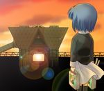  bag blue_hair comiket lens_flare little_busters! mutsuki_masato nishizono_mio school_uniform short_hair solo sunset tokyo_big_sight 