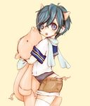  1boy animal_ears animal_tail blue_eyes blue_hair boy child cute kaito looking_at_viewer pig_ears pig_tail scarf short_hair shota solo stuffed_animal stuffed_toy tail vocaloid 