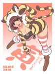  2010 akeome animal_costume animal_print artist_name bangs bent_over boots breasts brown_eyes brown_footwear brown_hair chinese_zodiac cleavage collarbone copyright_request costume fur-trimmed_hood fur_boots fur_trim happy_new_year kenix large_breasts legs_apart long_sleeves looking_at_viewer new_year paw_pose paw_print short_hair sleeves_past_wrists solo striped striped_legwear thighhighs tiger_costume tiger_print year_of_the_tiger 