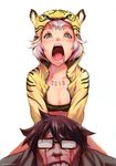  1girl 2010 animal_costume animal_print bite_mark blood blue_eyes brown_hair costume duplicate fangs glasses injury new_year nosebleed open_mouth original patipat_asavasena tiger tiger_costume tiger_print white_hair 