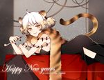  animal_ears breasts cleavage copyright_request dress jewelry kiseru medium_breasts nardack new_year pipe side_slit solo tail thighhighs tiger tiger_ears tiger_tail 