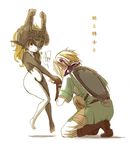  1girl blonde_hair boots floating hand_kiss helmet holding_hand holding_hands imminent_kiss imp inumimi_moeta kiss link long_hair master_sword midna one_eye_covered one_knee orange_hair red_eyes shield sword the_legend_of_zelda the_legend_of_zelda:_twilight_princess translated tunic weapon yellow_sclera 