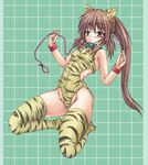  animal_ears animal_print brown_hair collar kneeling leash little_busters! long_hair natsume_rin one-piece_swimsuit ponytail red_eyes solo swimsuit tail thighhighs tiger_ears tiger_print yo-jin 