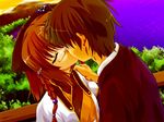  1girl braid brown_hair closed_eyes couple flat_chest game_cg glasses hair_ornament hair_ribbon hairclip head_tilt hetero kiss mouri_motonari_(sengoku_hime) outdoors pince-nez red_hair ribbon sengoku_hime short_hair side_braid sunset wakou_tensui water 