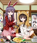  animal_ears animal_hood ayase_eli barefoot bikini black_hair blonde_hair bottle brown_eyes brown_hair bunny_ears chips coca-cola cosplay cup_ramen doma_umaru doma_umaru_(cosplay) extra_ears feeding food game_console grey_eyes hanging_scroll himouto!_umaru-chan hood houraisan_kaguya indian_style kantai_collection kashima_(kantai_collection) long_hair long_sleeves love_live! love_live!_school_idol_project military military_uniform multiple_girls necktie neet okazaki_norie open_mouth pink_eyes poster_(object) potato_chips purple_bikini purple_hair reisen_udongein_inaba ruu_(tksymkw) scroll shirt short_hair silver_hair sitting skirt smile swimsuit tamayura tatami touhou twintails uniform very_long_hair 