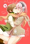  2girls blush bottomless breasts brown_hair cardigan closed_eyes commentary_request dated food headphones heart kiss large_breasts long_hair merryhachi multiple_girls nitroplus pink_hair pocky pocky_day pocky_kiss red_eyes scarf shared_food shared_scarf smile spoken_heart super_sonico watanuki_fuuri yuri 