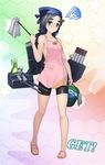  apron bare_arms bike_shorts black_hair blue_eyes blush bucket bucket_of_water cannon collarbone duster fairy_(kantai_collection) hat kantai_collection kuroshio_(kantai_collection) nearly_naked_apron solo squiggle taketora_suzume 