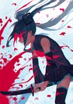  aqua_hair bad_id bad_pixiv_id blood blood_on_face bloody_clothes bloody_hair cutting detached_sleeves from_side hatsune_miku highres katana long_hair necktie open_mouth skirt solo sparrow_(xici9527) sword tattoo thighhighs twintails very_long_hair vocaloid weapon 