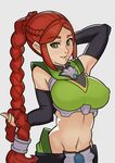  arm_up armpits breasts cassie_(paladins) covered_nipples detached_sleeves green_eyes grey_background groin highres large_breasts lips long_hair midriff navel paladins red_hair simple_background smile solo splashbrush very_long_hair 