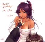  2girls black_bra bleach bra breasts cake chocolate chocolate_cake cleavage collarbone cream dark_skin dated female_pov finger_licking food happy_birthday large_breasts licking long_hair multiple_girls off-shoulder_sweater ponytail pov purple_hair ribbed_sweater shihouin_yoruichi shizuhime simple_background sui-feng sweater tasting tongue underwear white_background yellow_eyes yuri 
