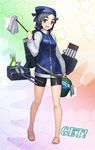  bike_shorts black_hair blue_eyes bucket bucket_of_water cannon duster fairy_(kantai_collection) hat jacket kantai_collection kuroshio_(kantai_collection) long_sleeves open_mouth smile solo taketora_suzume 