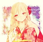  2016 afuro_terumi androgynous blonde_hair dated earrings english happy_new_year inazuma_eleven inazuma_eleven_(series) japanese_clothes jewelry kimono light_smile long_hair male_focus new_year red_eyes solo ui97 upper_body 