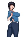  ass black_hair blue_eyes breasts covered_nipples denim fatal_frame fatal_frame_3 jeans kurosawa_rei large_breasts lips lipstick looking_at_viewer makeup ml mole mole_under_eye one_eye_closed pants short_hair smile solo thighs tight tight_pants 