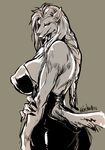  anthro big_breasts breasts canine clothed clothing dress female hair huge_breasts jyoka long_hair mammal nipple_bulge simple_background smile solo wolf 