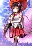  absurdres asymmetrical_legwear black_legwear breasts brown_hair cherry_blossoms flower hair_flower hair_ornament highres holding holding_umbrella kantai_collection large_breasts long_hair miniskirt ponytail red_eyes red_umbrella skirt solo thighhighs tongtongtong umbrella yamato_(kantai_collection) zettai_ryouiki 