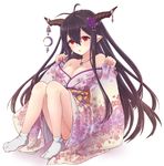  antenna_hair breasts cleavage danua draph floral_print granblue_fantasy hair_between_eyes highres horn_ornament horns isao_(wasamoti) large_breasts long_hair looking_at_viewer md5_mismatch open_mouth pointy_ears purple_hair red_eyes sitting sleeves_past_wrists solo thighs wide_sleeves 