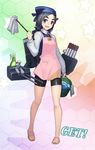  bike_shorts black_hair blue_eyes bottle bucket bucket_of_water cannon duster fairy_(kantai_collection) hat jacket kantai_collection kuroshio_(kantai_collection) long_sleeves open_mouth smile solo spray_bottle taketora_suzume 