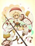  andira_(granblue_fantasy) bare_shoulders barefoot blonde_hair choker cloud covering_ears covering_eyes covering_mouth detached_leggings detached_sleeves erune feet flying_nimbus granblue_fantasy looking_at_viewer monkey monkey_tail nana-ine petals red_eyes see-through short_hair solo staff tail three_monkeys toes 
