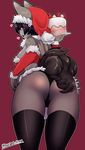  &lt;3 anthro arm_sleeves big_breasts big_butt black_hair blush breasts buried_frog butt cake canine christmas clothed clothing female food hair holidays kemono legwear lingerie looking_at_viewer looking_back mammal panties short_hair side_boob simple_background skimpy smile solo stockings underwear 