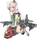  aircraft airplane akitsushima_(kantai_collection) alternate_costume blush dragon hat japanese_clothes kantai_collection kimono long_hair lowres mini_hat new_year nishikitaitei-chan official_art sandals shishimai shizuma_yoshinori sitting socks torn_clothes transparent_background white_legwear 