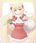  animal_ears blonde_hair blush breasts cleavage fox_ears fox_tail gloves heart incoming_gift large_breasts long_hair looking_at_viewer multiple_tails ryokuchaism shikihime_zoushi smile solo tail 
