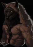  2015 abs anthro biceps big_muscles black_background black_fur black_nose brown_fur bust_portrait canine chest_tuft detailed digital_media_(artwork) fur looking_at_viewer male mammal multicolored_fur muscular neck_tuft nude pecs simple_background smile solo tuft two_tone_fur wolf yellow_eyes yellowsticker 