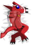  angry axl_shoutmon bed blush bottomless claws clothed clothing digimon dragon half-dressed headphones heibanhikaru hoodie looking_at_viewer looking_back lying male on_side plantigrade scalie shoutmon solo 