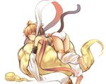  andira_(granblue_fantasy) animal_ears ass bare_shoulders barefoot brown_hair chinese_clothes cloud dengliziti detached_leggings detached_sleeves erune feet flying_nimbus fur_trim granblue_fantasy long_sleeves looking_at_viewer looking_back lying monkey_ears monkey_tail on_stomach one_eye_closed red_eyes sash scarf see-through short_hair simple_background soles solo tail toes waking_up white_background white_legwear 