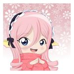  1girl :d blue_eyes chibi christmas head_fins highres long_hair maid_headdress mermaid meroune_lorelei monster_girl monster_musume_no_iru_nichijou open_mouth pink_hair portrait smile solo staticwave sweater webbed_hands white_border 