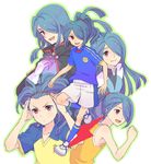  alternate_hairstyle blue_hair brown_eyes collage full_body hair_down hair_over_one_eye hairband inazuma_eleven inazuma_eleven_(series) kazemaru_ichirouta long_hair male_focus shiho_(pixiv) smile soccer_uniform solo sportswear 